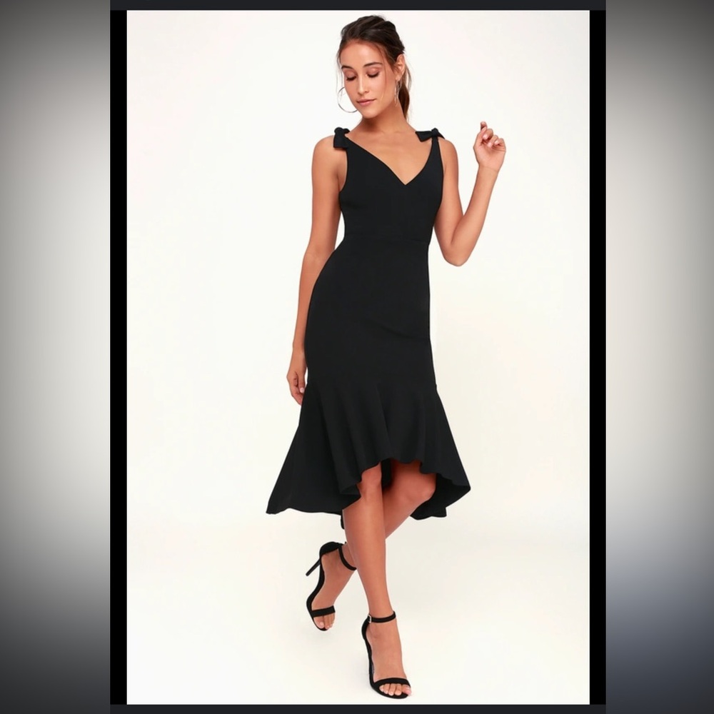 Lulus Black Flounce Hem Midi Dress with Tie Detail Strap. Size Large.
